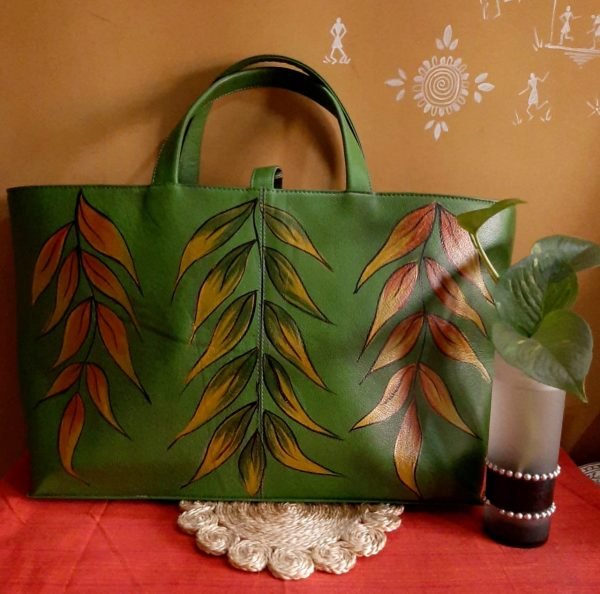Faux leather bag - Handpainted leaf Art Bag