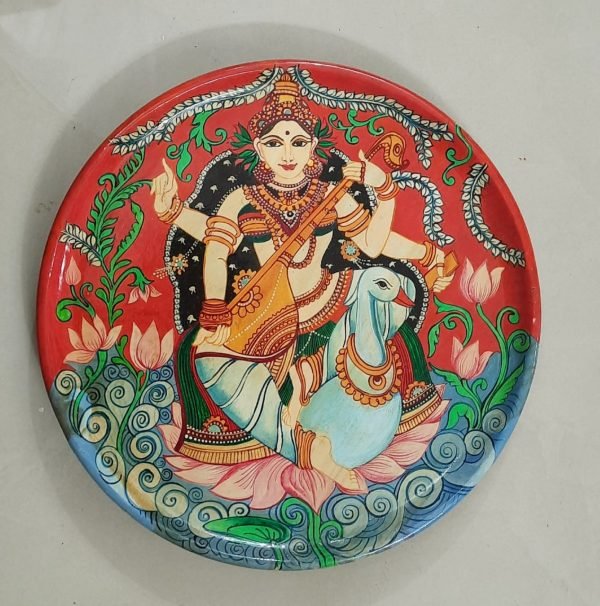 Saraswati Idol Painted Sheesham wood Wall Hanging Plate