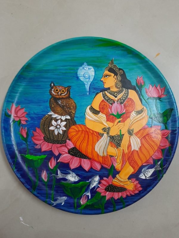 Laxmi On Lotus Painted Wooden Wall Hanging Plate