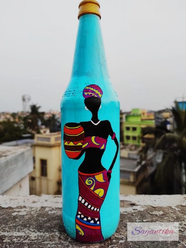 Madhubani painting Tribal Leady Bottle Art