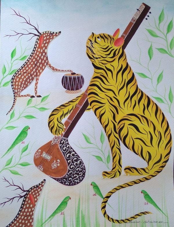Tiger Playing Tanpura Kalighat Painting