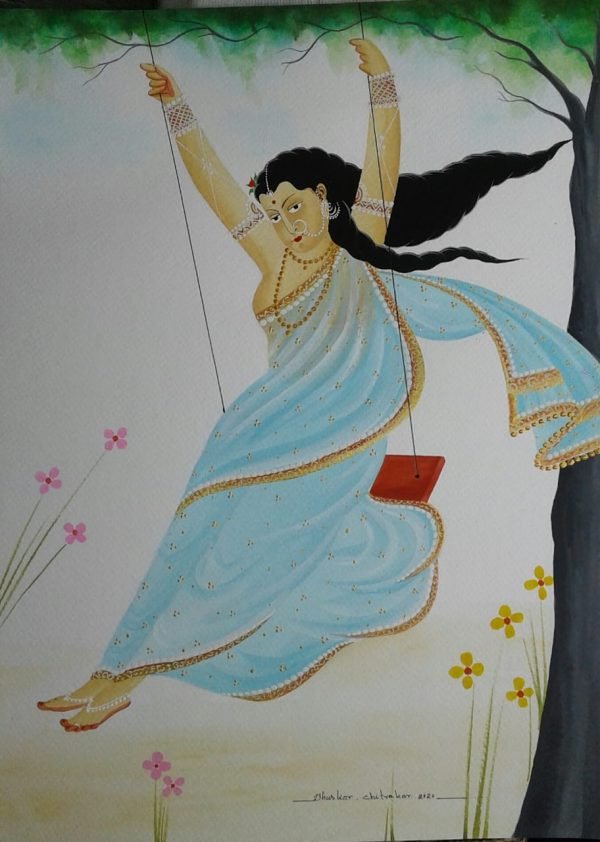 Bibi On Swing Kalighat Painting