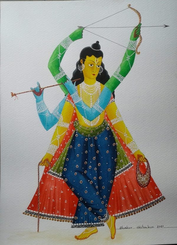 Lord Krishna With Fore Hands Kalighat Painting