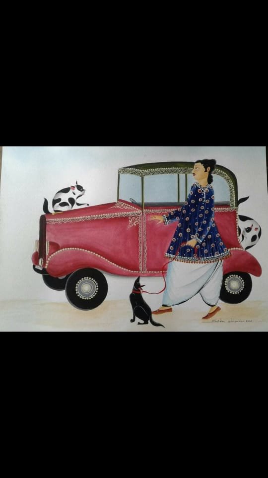 Babu Getting On Car kalighat painting