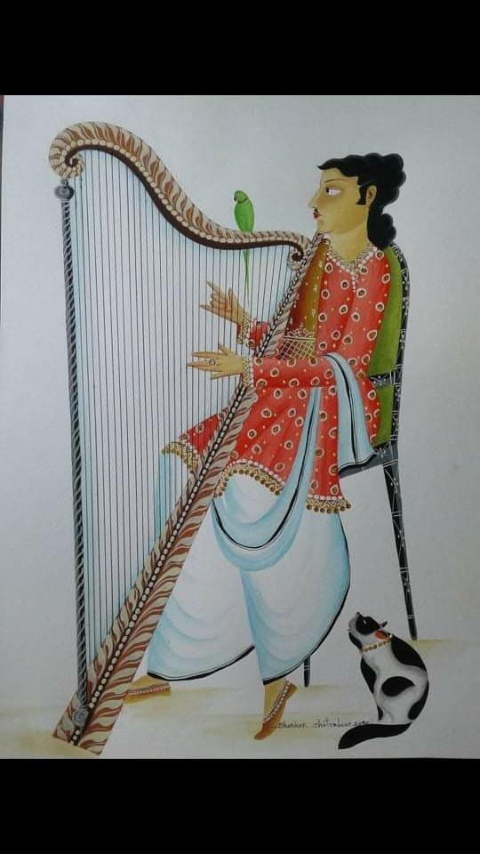 Men Playing Musical Instrument Kalighat Painting