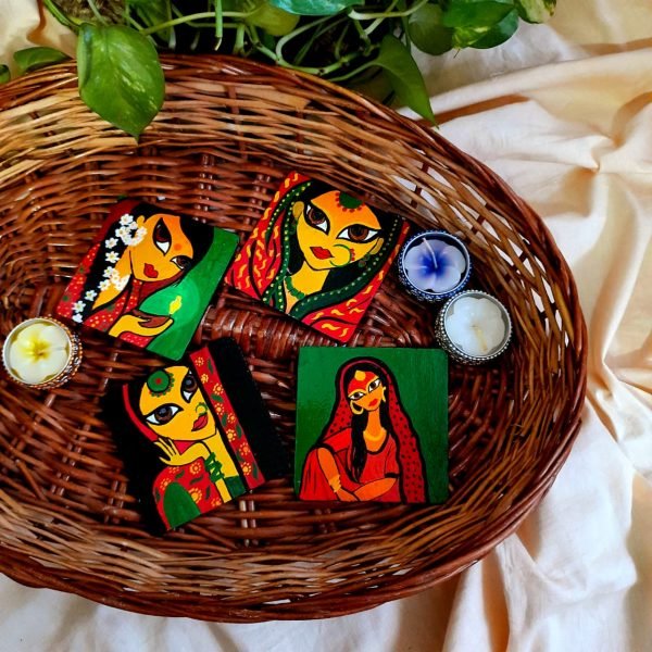 Women Painting Wooden Coaster Set of Four