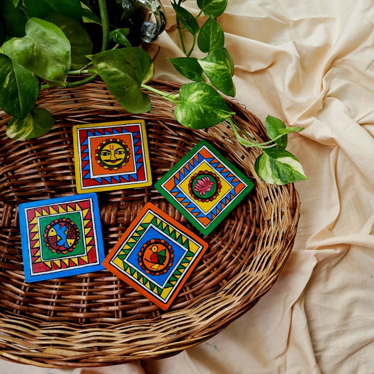 Hand Painted Wooden Coaster Set of Four