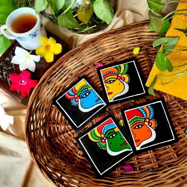 Kathakali Face Painted Wooden Coaster Set of Four
