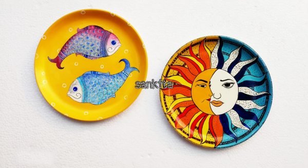 Fish and Moon-Sun Wall Hanging Plate Set of Two