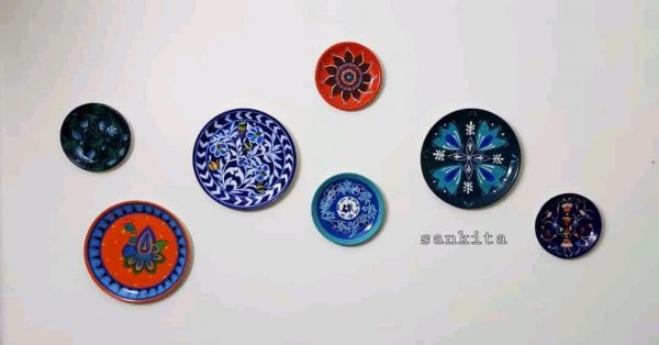 Blue Pottery Theme Wall Hanging Plate Set of Seven